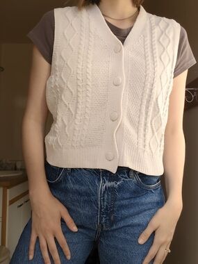 Cream Cable Knit Button-Front Sleeveless Sweater Vest